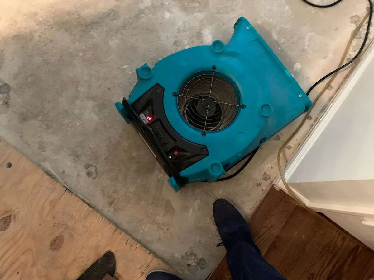 Air mover drying subfloor during Leak Detection & Repair in Maple Grove
